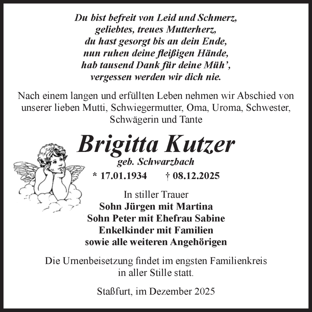  Traueranzeige für Brigitta Kutzer vom 13.12.2025 aus Volksstimme Staßfurt