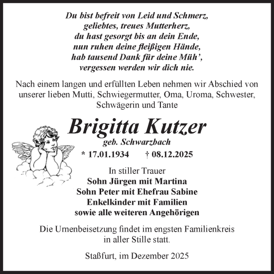 Traueranzeige von Brigitta Kutzer von Volksstimme Staßfurt
