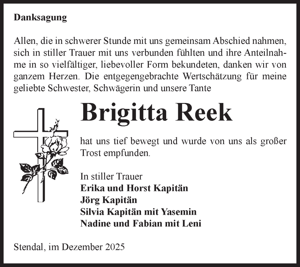  Traueranzeige für Brigitta Reek vom 03.12.2025 aus Volksstimme Altmark Ost