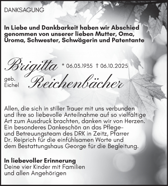 Traueranzeige von Brigitta Reichenbächer von Trauerkombi Zeitz