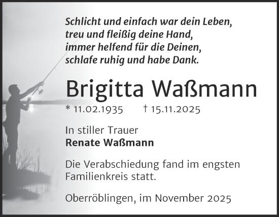 Traueranzeige von Brigitta Waßmann von Trauerkombi Sangerhausen