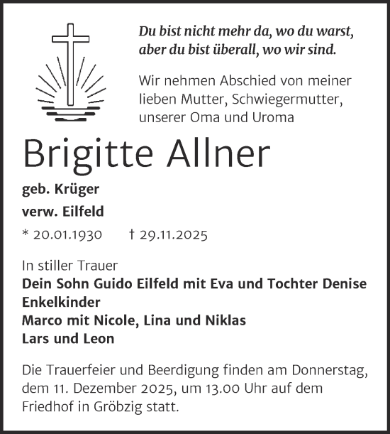 Traueranzeige von Brigitte Allner von Trauerkombi Köthen