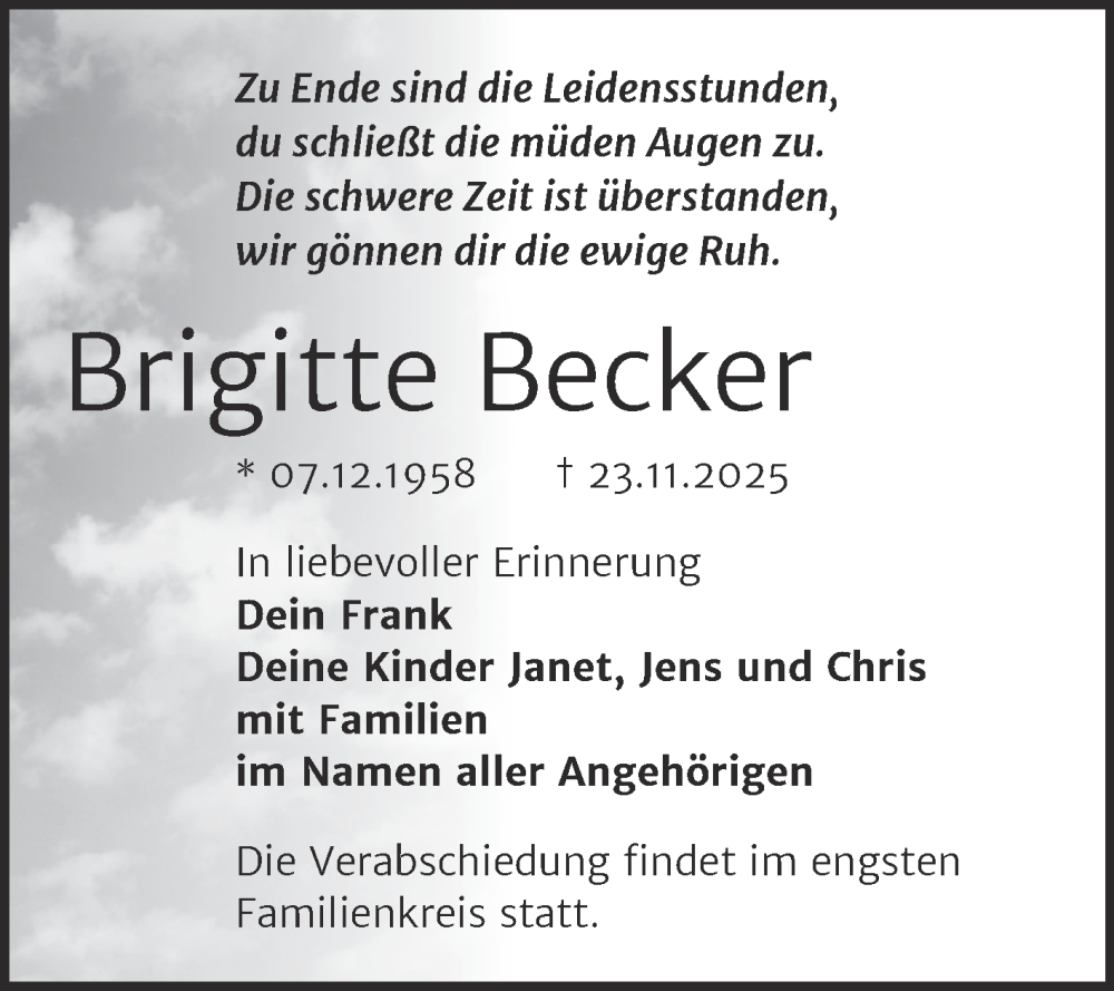  Traueranzeige für Brigitte Becker vom 29.11.2025 aus Trauerkombi Sangerhausen