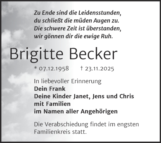 Traueranzeige von Brigitte Becker von Trauerkombi Sangerhausen