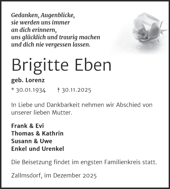 Traueranzeige von Brigitte Eben von Trauerkombi Wittenberg