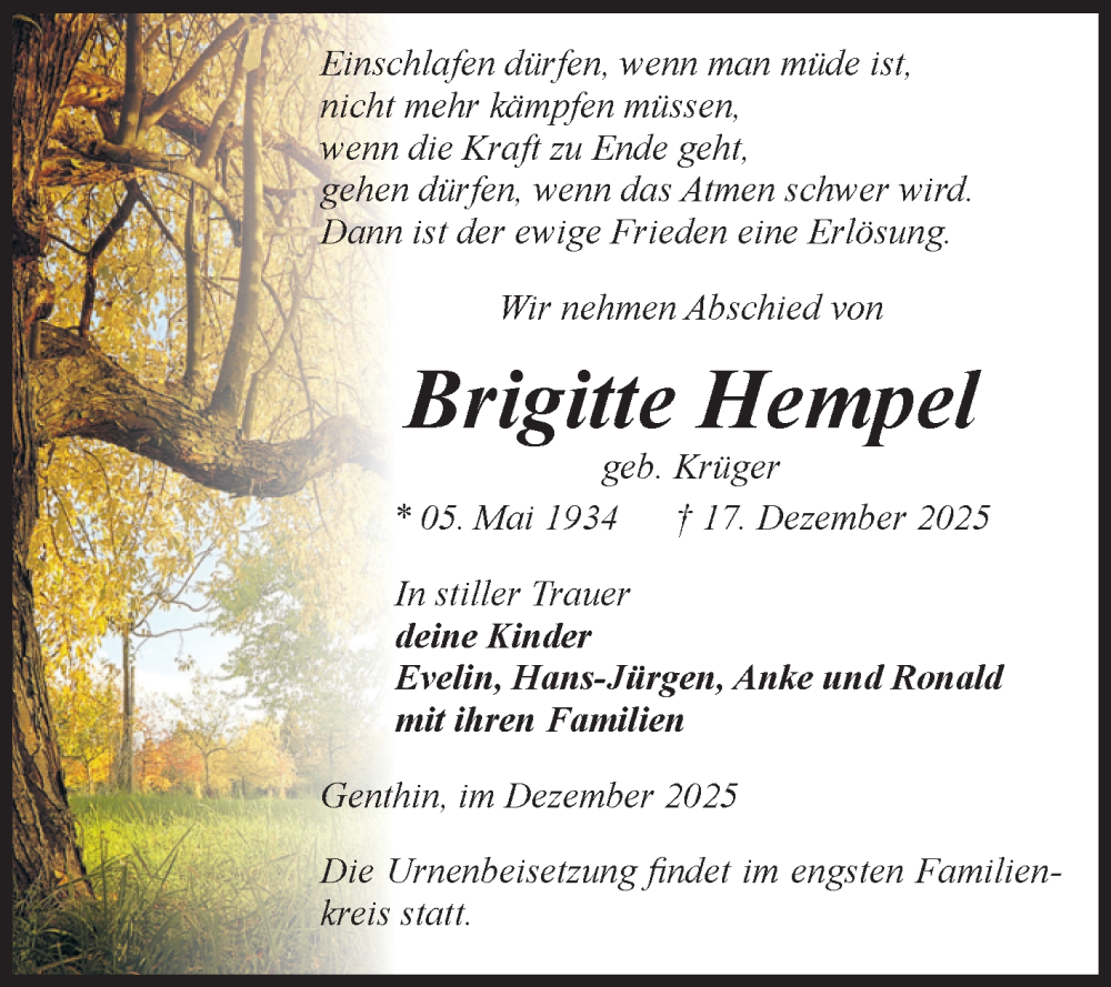  Traueranzeige für Brigitte Hempel vom 27.12.2025 aus Volksstimme Burg/Genthin