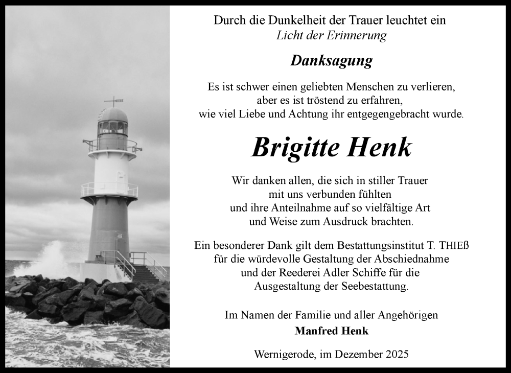  Traueranzeige für Brigitte Henk vom 20.12.2025 aus Volksstimme Wernigerode