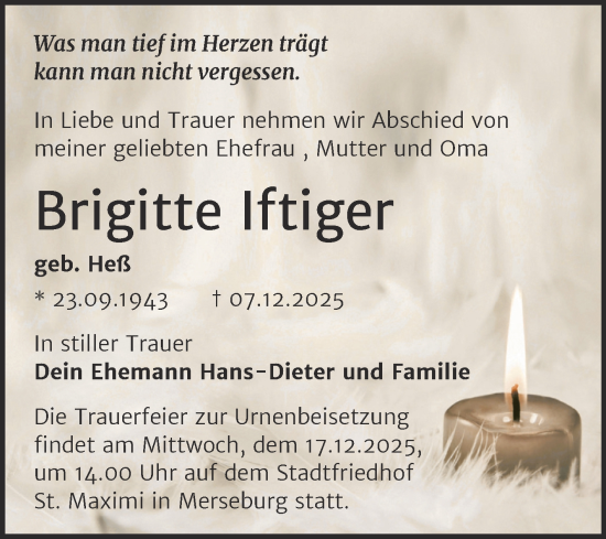 Traueranzeige von Brigitte Iftiger von Trauerkombi Merseburg
