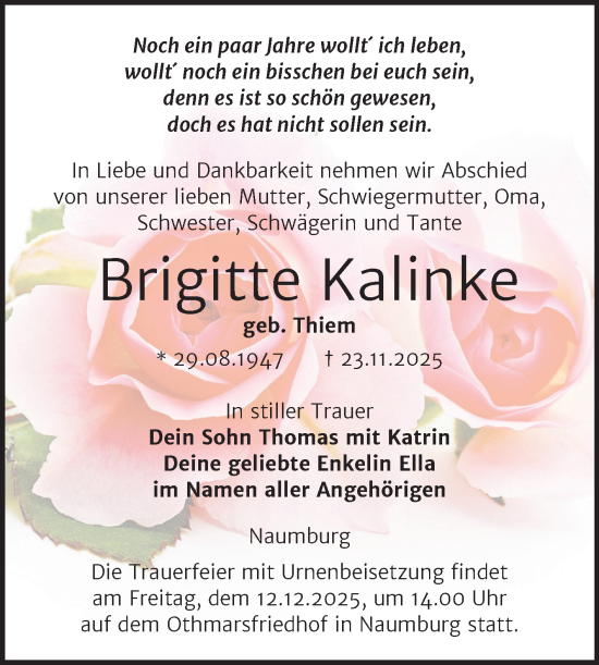 Traueranzeige von Brigitte Kalinke von Super Sonntag Naumburg/Nebra