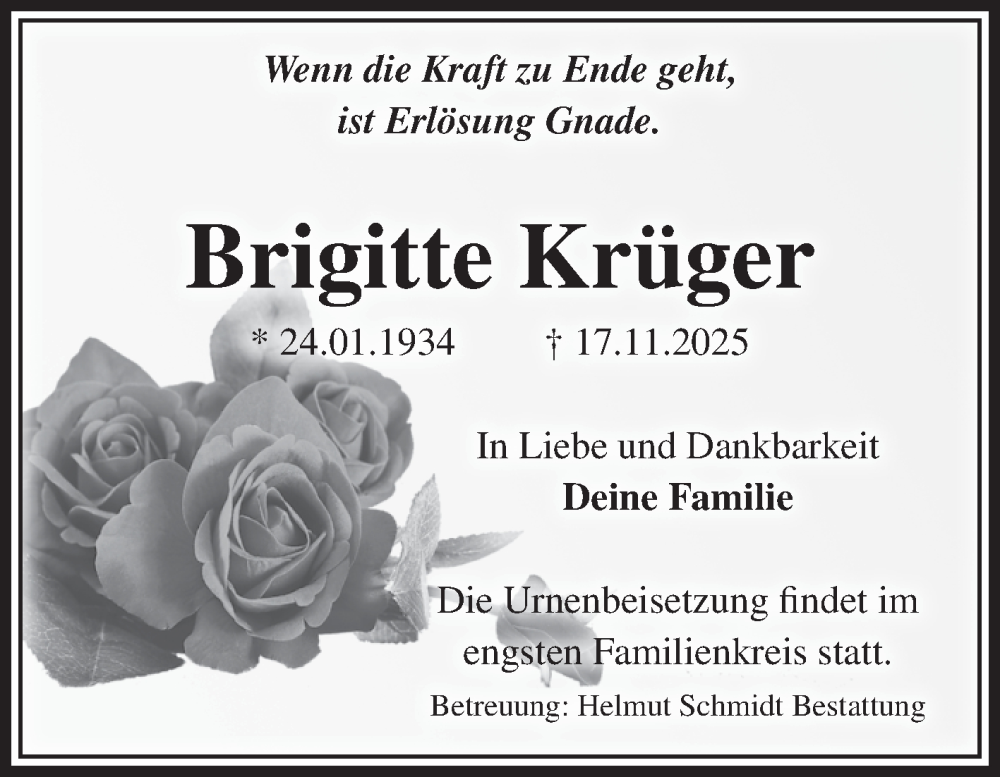  Traueranzeige für Brigitte Krüger vom 29.11.2025 aus Volksstimme Schönebeck