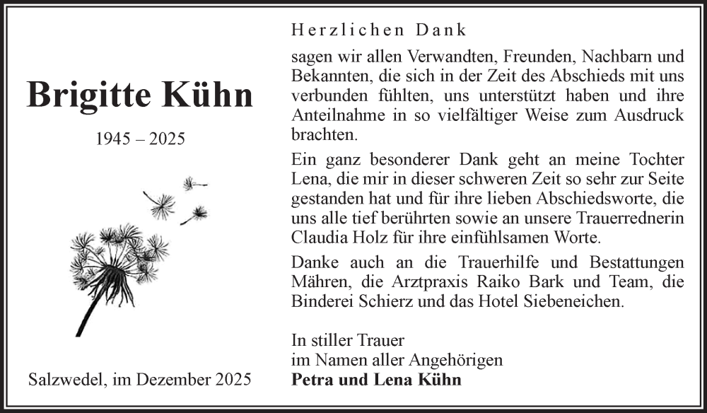  Traueranzeige für Brigitte Kühn vom 17.12.2025 aus Volksstimme Altmark West