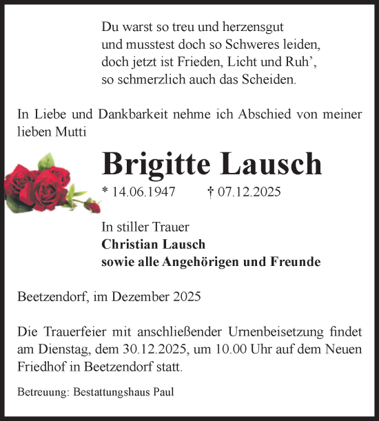 Traueranzeige von Brigitte Lausch von Volksstimme Altmark West