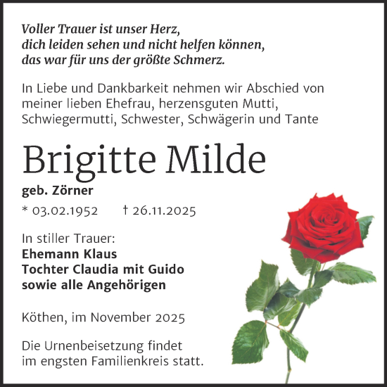 Traueranzeige von Brigitte Milde von Trauerkombi Köthen