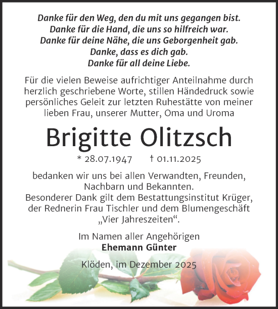 Traueranzeige von Brigitte Olitzsch von Trauerkombi Wittenberg