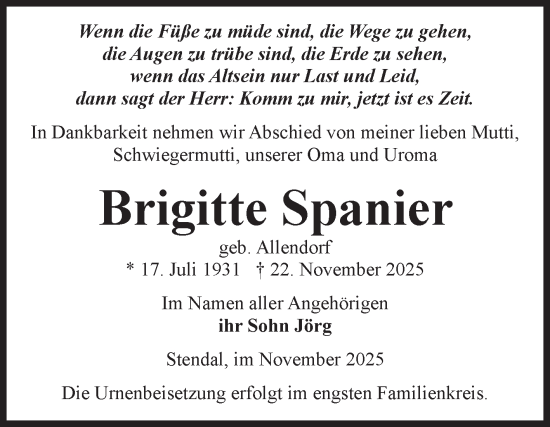 Traueranzeige von Brigitte Spanier von Volksstimme Altmark Ost