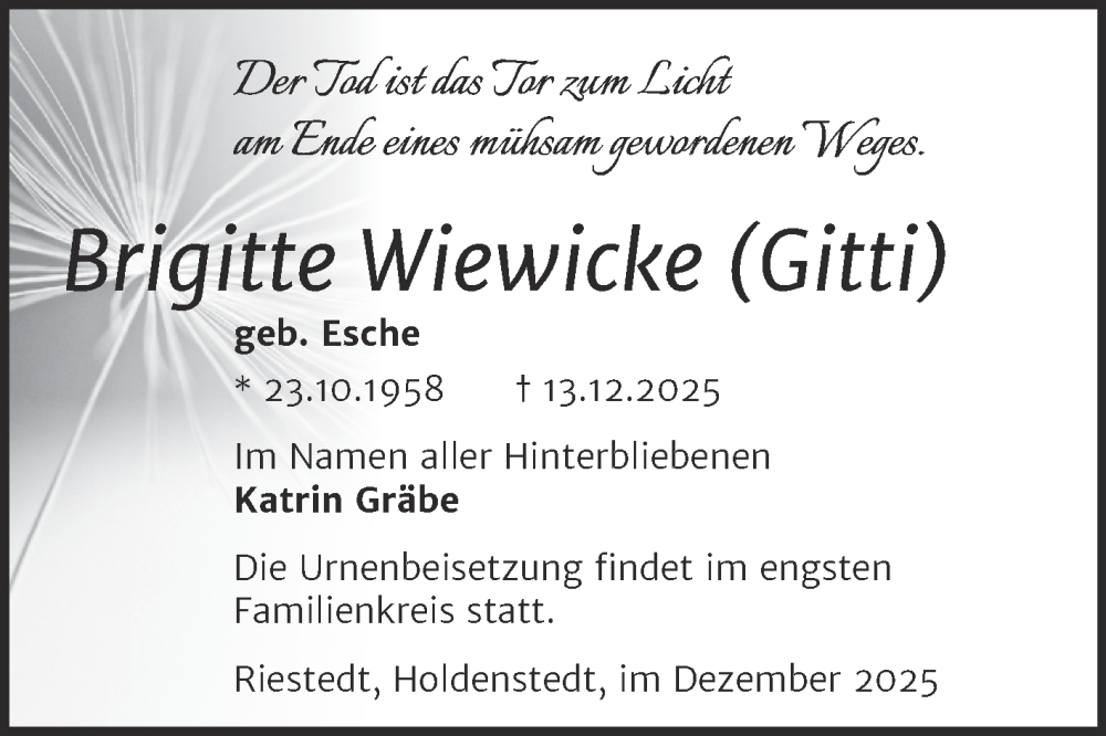  Traueranzeige für Brigitte Wiewicke vom 27.12.2025 aus Trauerkombi Sangerhausen