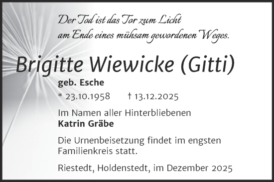 Traueranzeige von Brigitte Wiewicke von Trauerkombi Sangerhausen