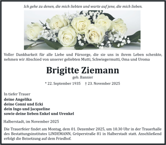 Traueranzeige von Brigitte Ziemann von Volksstimme Halberstadt