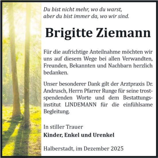 Traueranzeige von Brigitte Ziemann von Volksstimme Halberstadt