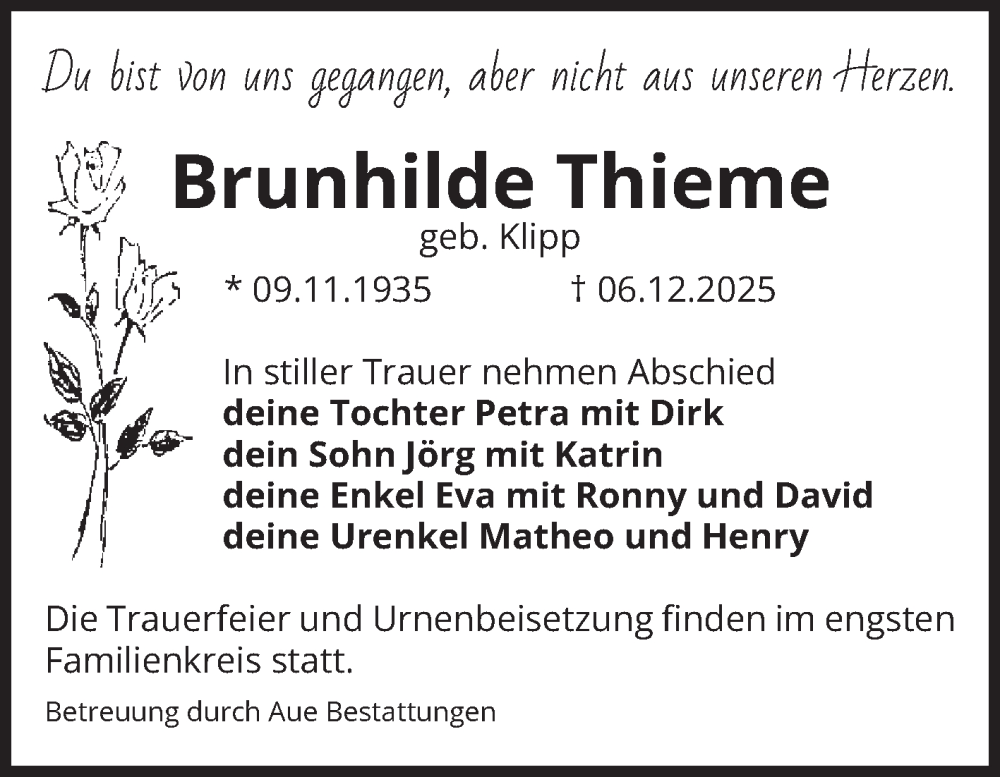  Traueranzeige für Brunhilde Thieme vom 13.12.2025 aus Volksstimme Altmark West