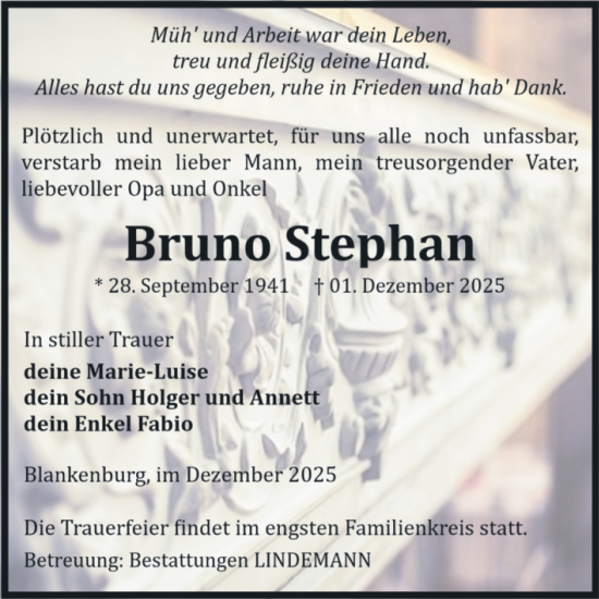 Traueranzeige von Bruno Stephan von Volksstimme Wernigerode