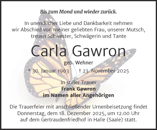 Traueranzeige von Carla Gawron von Mitteldeutsche Zeitung Halle/Saalkreis