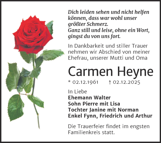 Traueranzeige von Carmen Heyne von Trauerkombi Merseburg