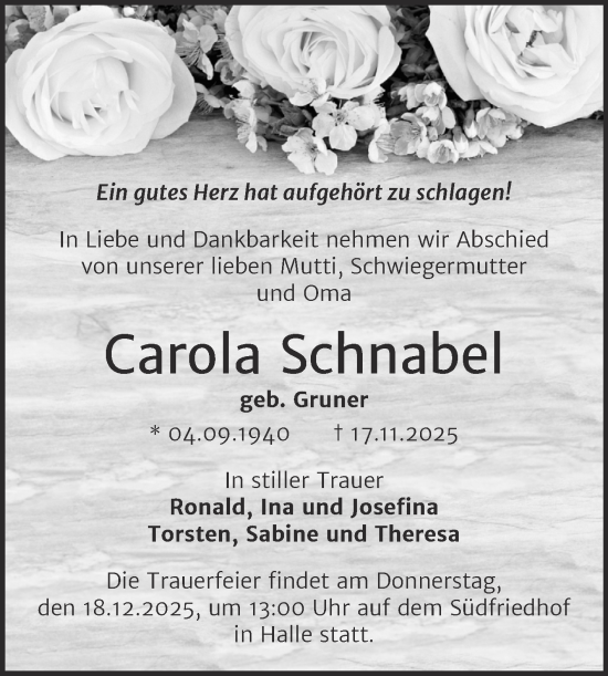 Traueranzeige von Carola Schnabel von Mitteldeutsche Zeitung Halle/Saalkreis