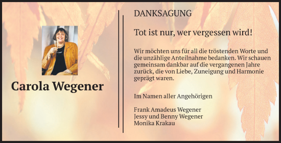 Traueranzeige von Carola Wegener von Volksstimme Magdeburg