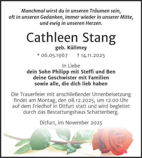 Traueranzeige von Cathleen Stang von Trauerkombi Quedlinburg