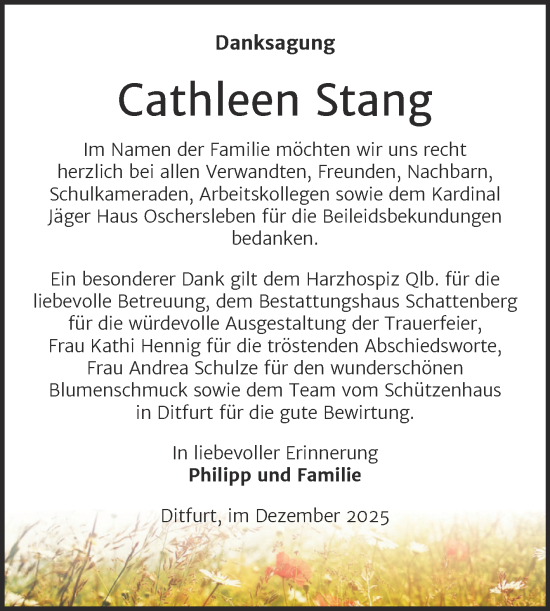 Traueranzeige von Cathleen Stang von Trauerkombi Quedlinburg