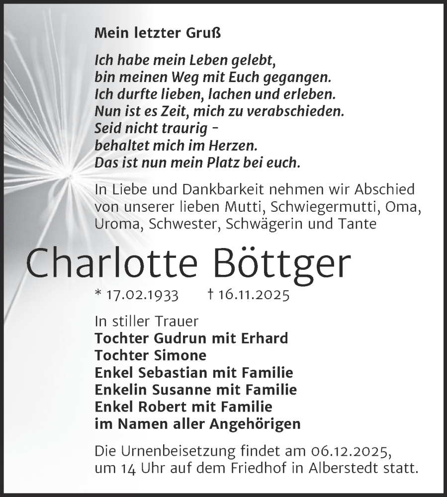 Traueranzeige für Charlotte Böttger vom 29.11.2025 aus Trauerkombi Merseburg