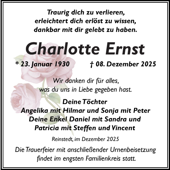 Traueranzeige von Charlotte Ernst von Trauerkombi Quedlinburg