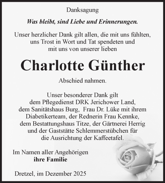 Traueranzeige von Charlotte Günther von Volksstimme Burg/Genthin