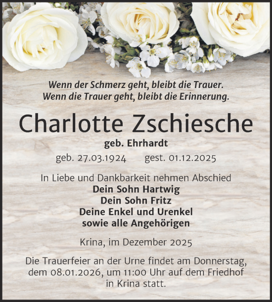 Traueranzeige von Charlotte Zschiesche von Trauerkombi Bitterfeld