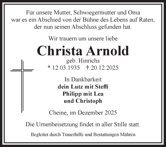 Traueranzeige von Christa Arnold von Volksstimme Altmark West