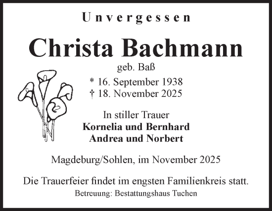 Traueranzeige von Christa Bachmann von Volksstimme Magdeburg