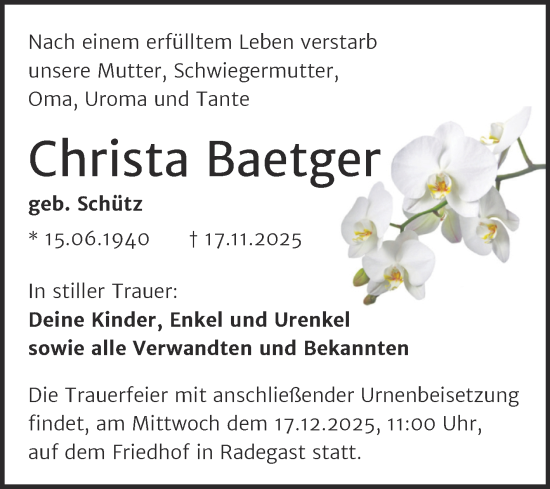 Traueranzeige von Christa Baetger von Trauerkombi Köthen