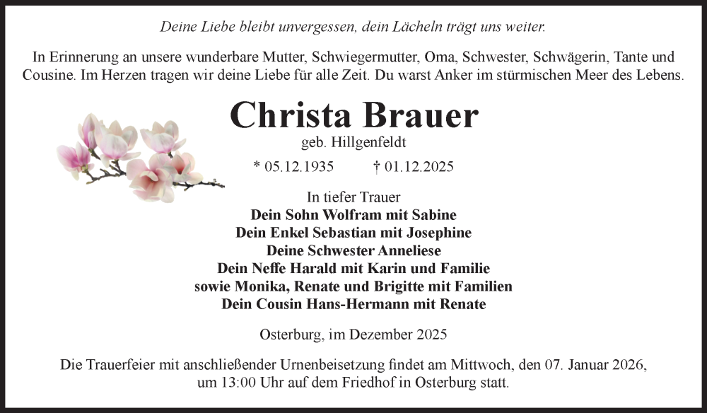  Traueranzeige für Christa Brauer vom 27.12.2025 aus Volksstimme Altmark Ost