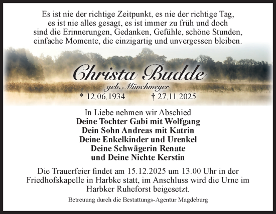 Traueranzeige von Christa Budde von Volksstimme Magdeburg