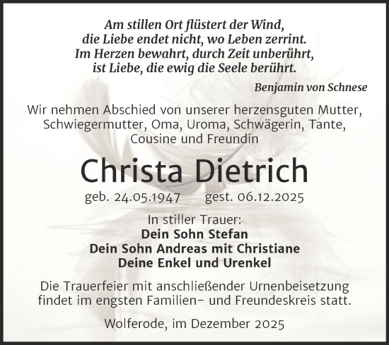 Traueranzeige von Christa Dietrich von Trauerkombi Merseburg