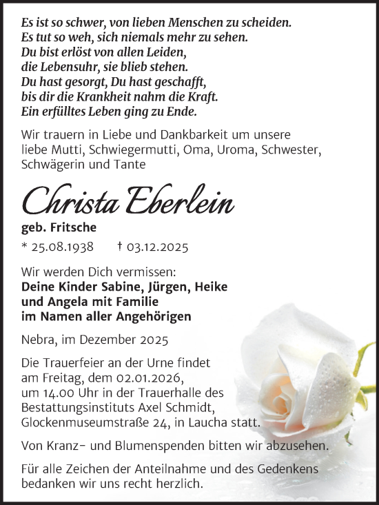 Traueranzeige von Christa Eberlein von Super Sonntag Naumburg/Nebra