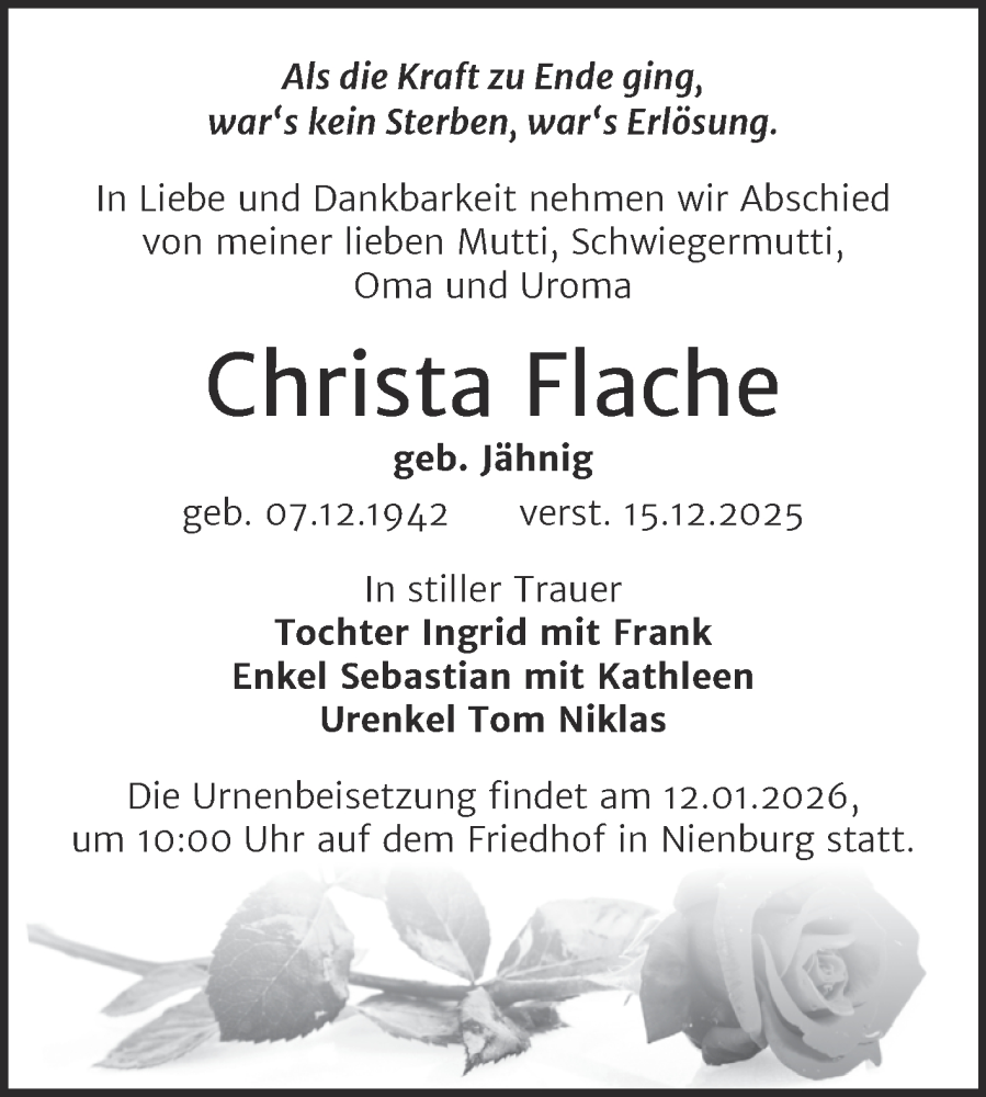  Traueranzeige für Christa Flache vom 27.12.2025 aus Trauerkombi Bernburg