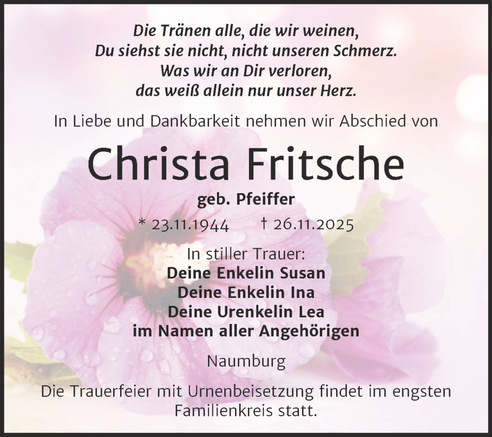 Traueranzeige für Christa Fritsche vom 29.11.2025 aus Naumburger Tageblatt