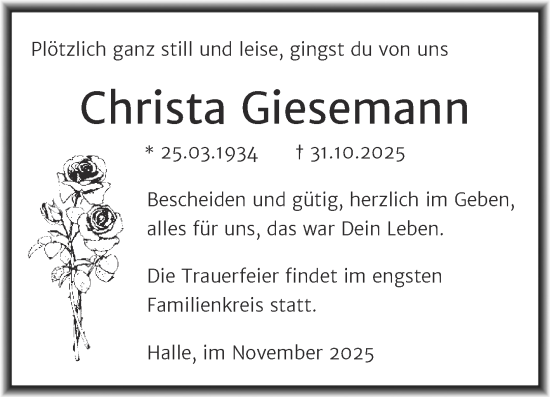 Traueranzeige von Christa Giesemann von Mitteldeutsche Zeitung Halle/Saalkreis