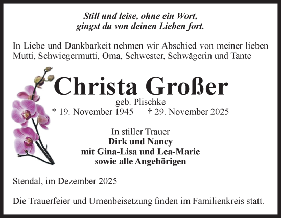 Traueranzeige von Christa Großer von Volksstimme Altmark Ost