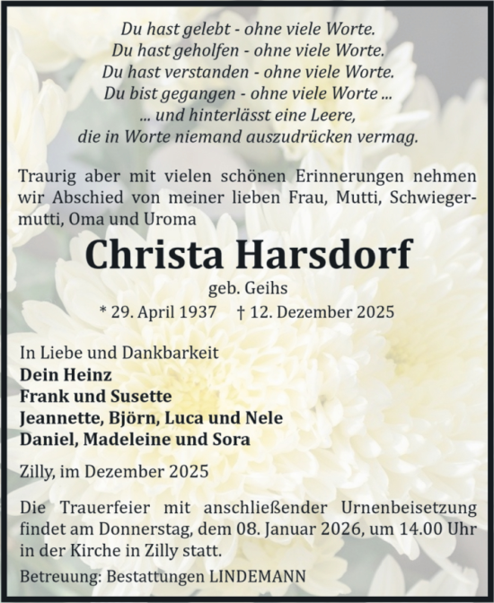 Traueranzeige von Christa Harsdorf von Volksstimme Halberstadt