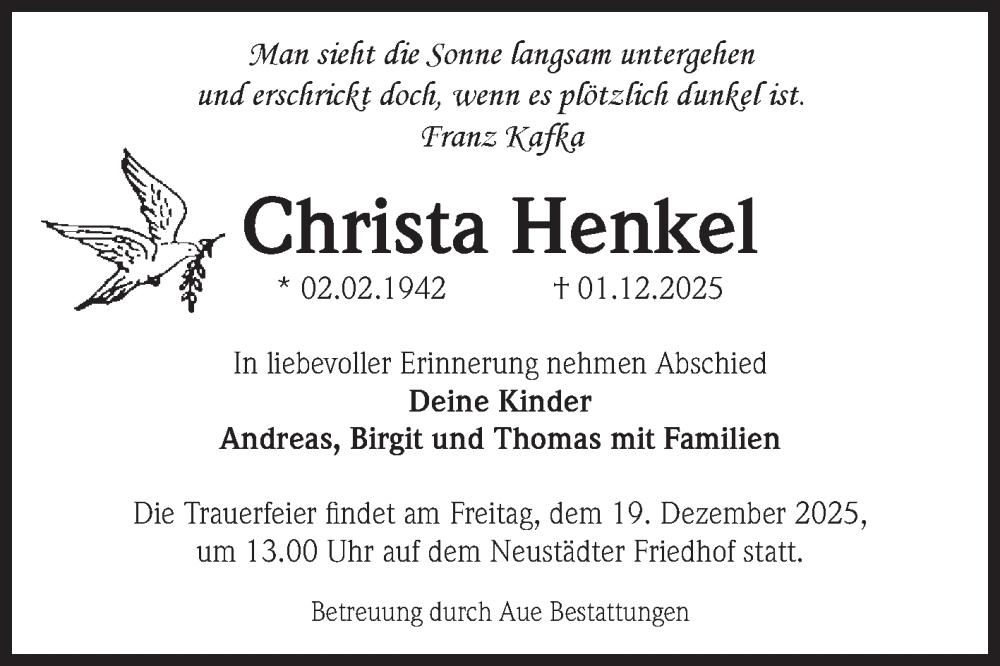  Traueranzeige für Christa Henkel vom 13.12.2025 aus Volksstimme Magdeburg