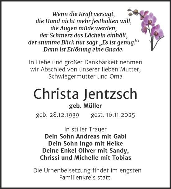 Traueranzeige von Christa Jentzsch von Trauerkombi Wittenberg