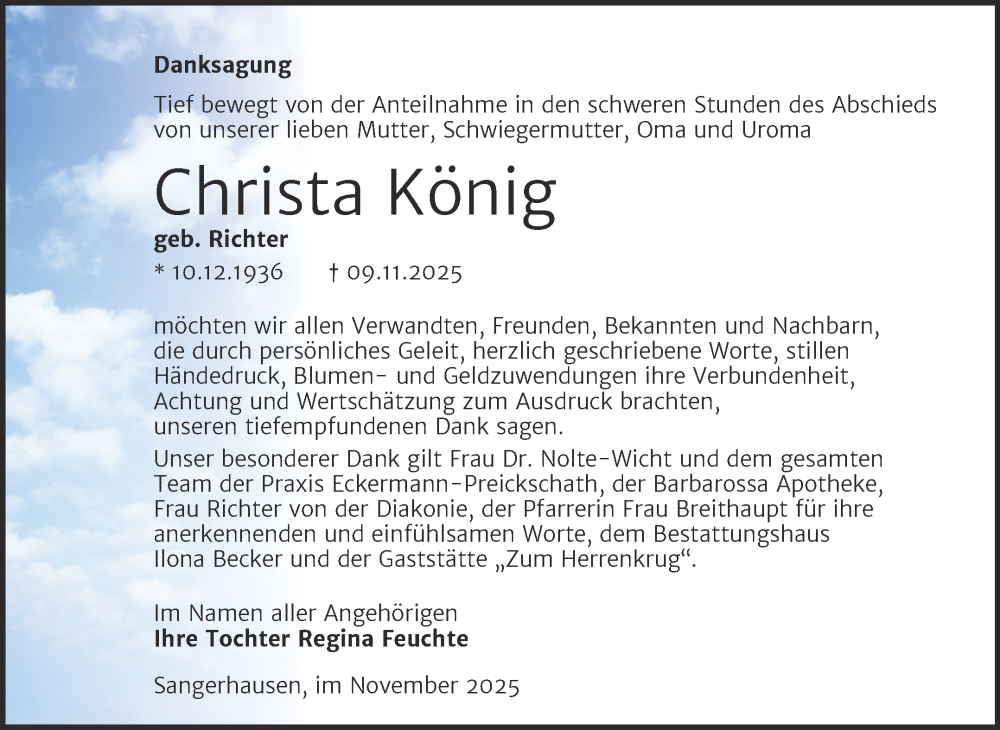  Traueranzeige für Christa König vom 29.11.2025 aus Trauerkombi Sangerhausen